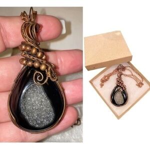Black Onyx Druzy Stone Pendant Necklace
